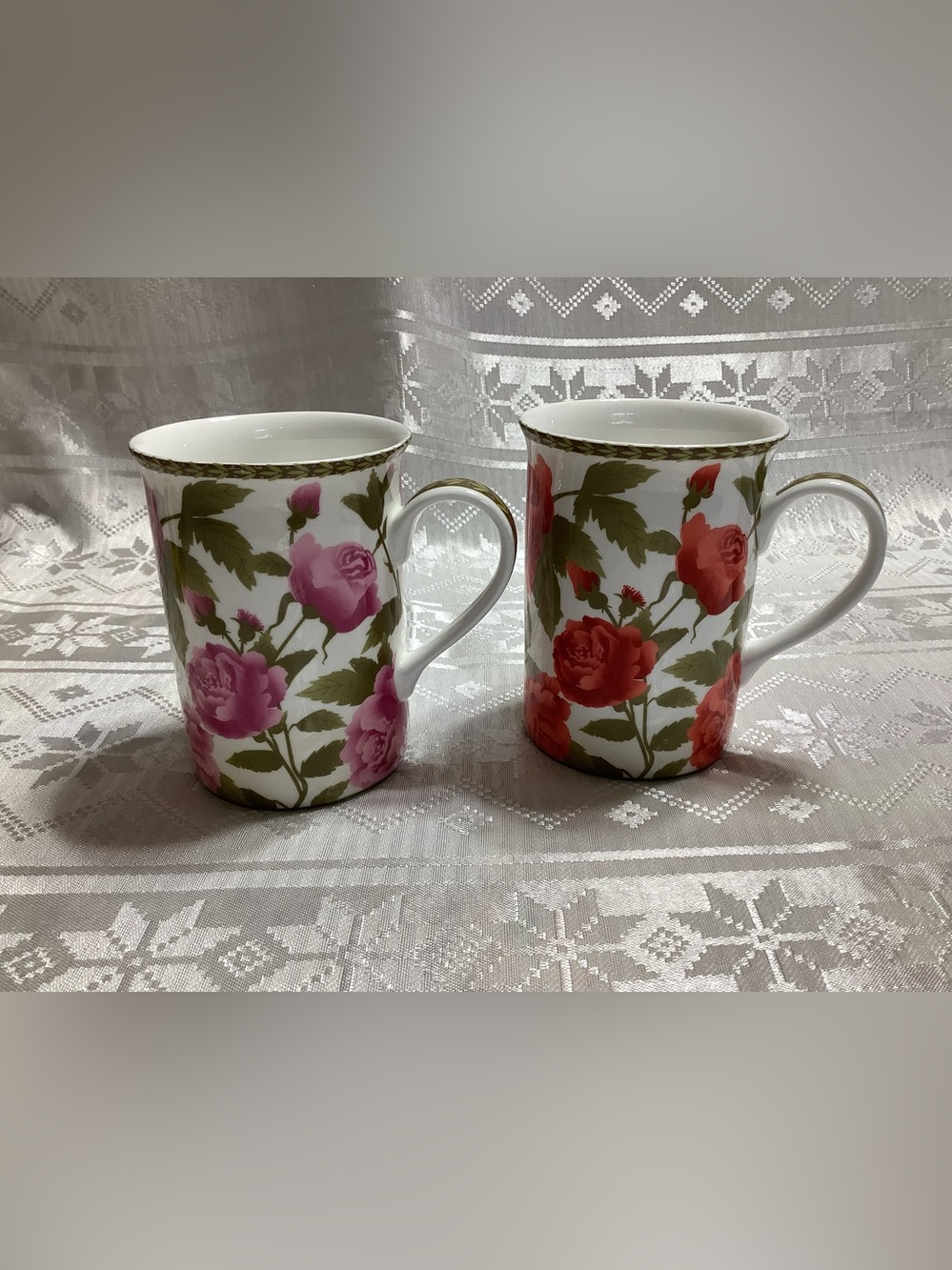 Mayfair & Jackson Floral Rose Porcelain Mugs - Pink & Red Vintage